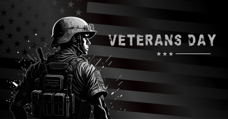veterans day, banner, saluting soldier on the background of the flag. Honoring all who served - obrazy, fototapety, plakaty