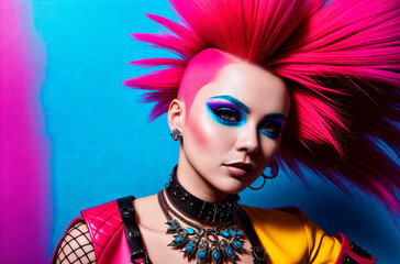 Obraz premium Young woman with bright appearance. Portrait of fashionable female with vivid image, style. Generative AI.