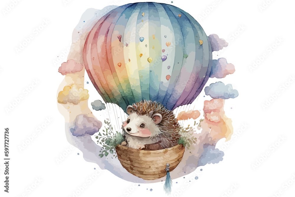 Wall mural safari animal set hedgehog in hot air balloon in watercolor style. isolated v. generative ai