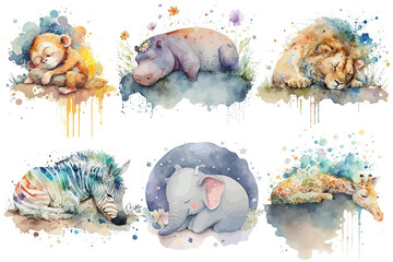 Safari Animal set lion, elephant, giraffe, hippopotamus, zebra, monkey sleeping in watercolor style. Isolated . Generative AI - obrazy, fototapety, plakaty