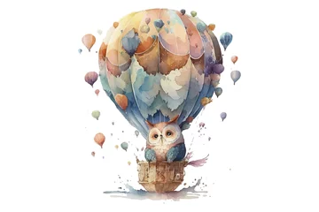 Fototapete Eulen-Cartoons Safari Animal set owl in hot air balloon in watercolor style. Isolated. Generative AI