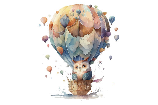 Fototapeta Safari Animal set owl in hot air balloon in watercolor style. Isolated. Generative AI
