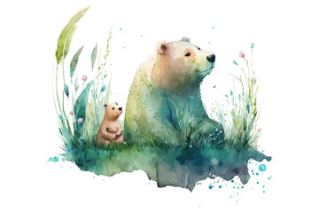 Safari Animal set a bear with a small bear cub in the grass in watercolor style. Isolated. Generative AI