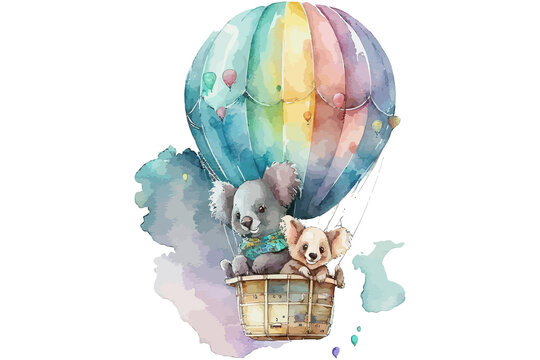 Safari Animal set mom and baby koala in hot air balloon in watercolor style. Isolated . Generative AI