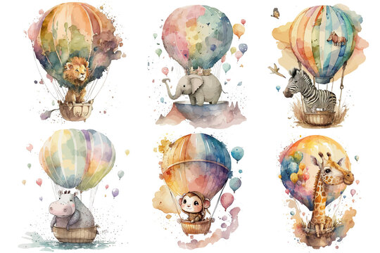 Safari Animal set zebra, lion, elephant, giraffe, hippopotamus, monkey in hot air balloon in watercolor style. Isolated. Generative AI