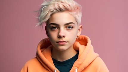 Non-binary adult teenager younger on color background. Generative ai.