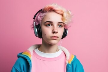 Non-binary adult teenager younger on color background. Generative ai. - obrazy, fototapety, plakaty
