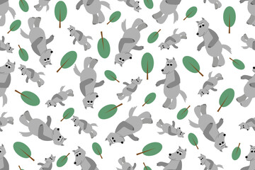 Fototapeta na wymiar Seamless pattern with Wolf and tree. Grey Wolfs background. Wild animal endless ornament. Vector illustration. Children Wallpaper and bed linen print.
