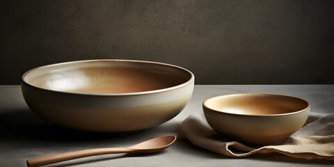 Different size plate and bowls on artistic background. Flat lay. Brown and natural color plates. Ceramic pottery. Generative Ai.