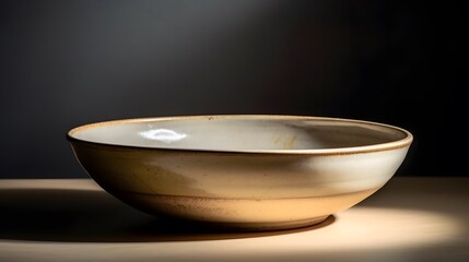 Different size plate and bowls on artistic background. Flat lay. Brown and natural color plates. Ceramic pottery. Generative Ai.