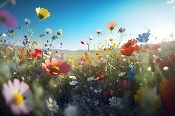 Fototapeta na wymiar Illustration of a many flower in meadow spring with clear blue cloud sky