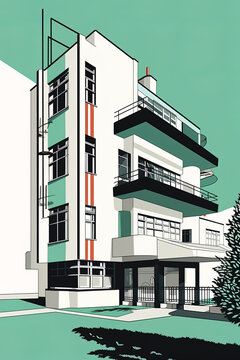 Abstract Bauhaus style architecture background. Modern house, trendy 20s geometric design poster design, AI generative digital art.