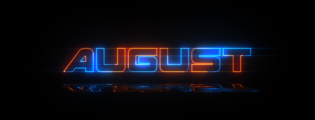 Futuristic Blue Orange August Lettering Neon Sign Horizontal Luminescence Banner With Light Reflections Against Black Background
