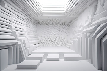 Beautiful abstract architecture background. 3D white intricate room. Modern Geometric Wallpaper. Futuristic Design. Textured background for presentation. AI generated.