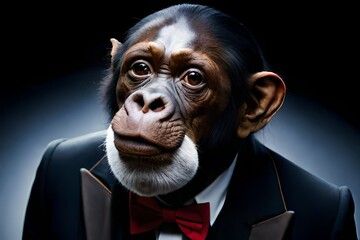 Chimpanzee, chimp monkey dressed in a business mans. Portrait monkey on a dark background, Generative AI
