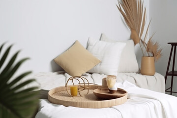 home table modern rattan bed design interior eucalyptus furniture tray palm. Generative AI.