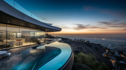 Obraz premium Modern Architectural Mansion with Pool on the Top of a Sinuous Hill. Generative ai