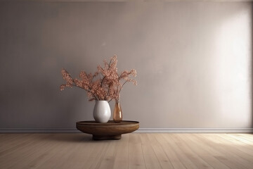 contemporary copy decor vase home wall plaster empty design table interior space. Generative AI.