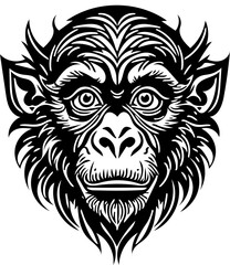 Vector illustration of a monkey face in black and white, chimpanzee drawing 
