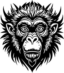 Fototapeta na wymiar Vector illustration of a monkey face in black and white, chimpanzee drawing 