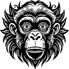Vector illustration of a monkey face in black and white, chimpanzee drawing 