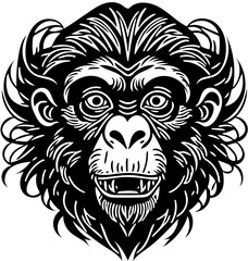 Vector illustration of a monkey face in black and white, chimpanzee drawing 
