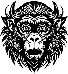Vector illustration of a monkey face in black and white, chimpanzee drawing 