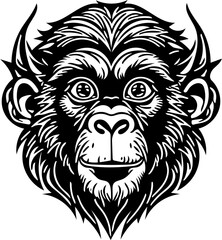 Fototapeta premium Vector illustration of a monkey face in black and white, chimpanzee drawing 