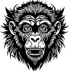 Vector illustration of a monkey face in black and white, chimpanzee drawing 