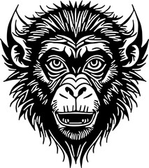 Vector illustration of a monkey face in black and white, chimpanzee drawing 