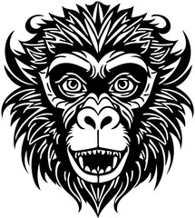 Vector illustration of a monkey face in black and white, chimpanzee drawing 