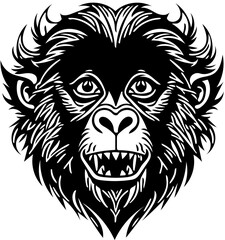 Vector illustration of a monkey face in black and white, chimpanzee drawing 