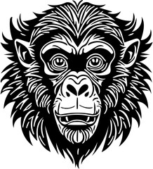 Vector illustration of a monkey face in black and white, chimpanzee drawing 