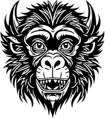 Obraz premium Vector illustration of a monkey face in black and white, chimpanzee drawing 