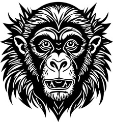 Vector illustration of a monkey face in black and white, chimpanzee drawing 