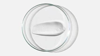 Foam, foam texture. Washing with foam. Foam in a Petri dish on a light background. Dab of cosmetic foam. Lab.