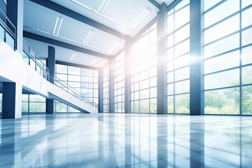 an empty room with a grand staircase and large windows. Generative AI