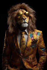 Un lion riche de super luxe vêtu d'un magnifique costume doré sur mesure.