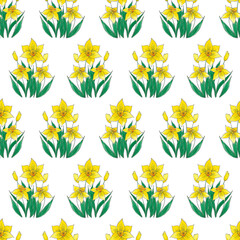 Hand drawn watercolor yellow abstract daffodil bouquet seamless pattern on white background. Gift-wrapping, textile, fabric, wallpaper.