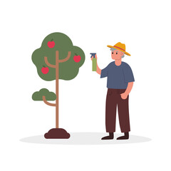 Cartoon character of senior man in hat growing organic apple tree at home
