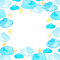 Hand drawn watercolor frame with blue clouds and yellow stars for children's album. Scrapbook design, poster, label, card.