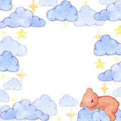 Hand drawn watercolor frame with sleeping bear for children's album. Scrapbook design, poster, label, card.