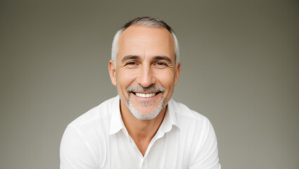 Business portrait of grown man with beard wearing white shirt. Empty background with mockup. Generative AI.