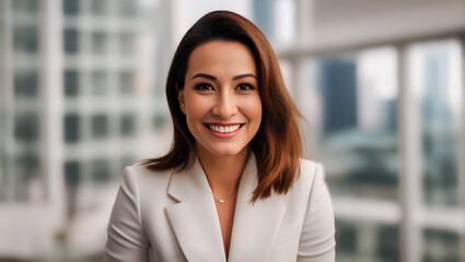 Business portrait of female with brown, short hair looking at camera on blurry city background with mockup. Generative AI.