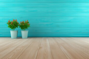 two indoor plants set against a blue wall on a wooden floor. Generative AI