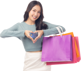 Beautiful young asian girl holding credit card shopping bags Pretty lady makes heart shaped sign by hands isolated on white background copy space Woman love shopping Shopping lady use credit card 