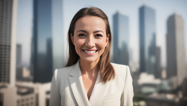 Business woman looking at camera in suit with brown, short hair. Blurred city background with copy space. Generative AI.