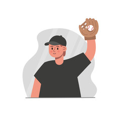 Cartoon character of young man in cap and gloves playing baseball