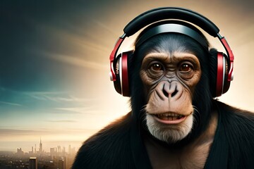 A happy monkey with headphones, listening music, Generative AI