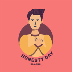 Illustration for National Honesty Day with a young man holding his hands on his heart, symbolizing honesty, isolated on a red background, suitable for card design.